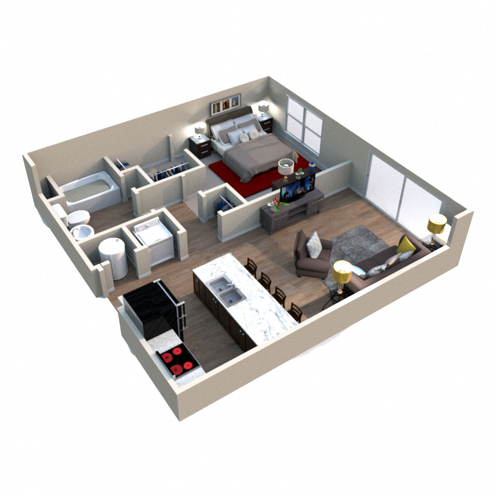 Floor plan for 1 bed, 1 bath, 765 sqft